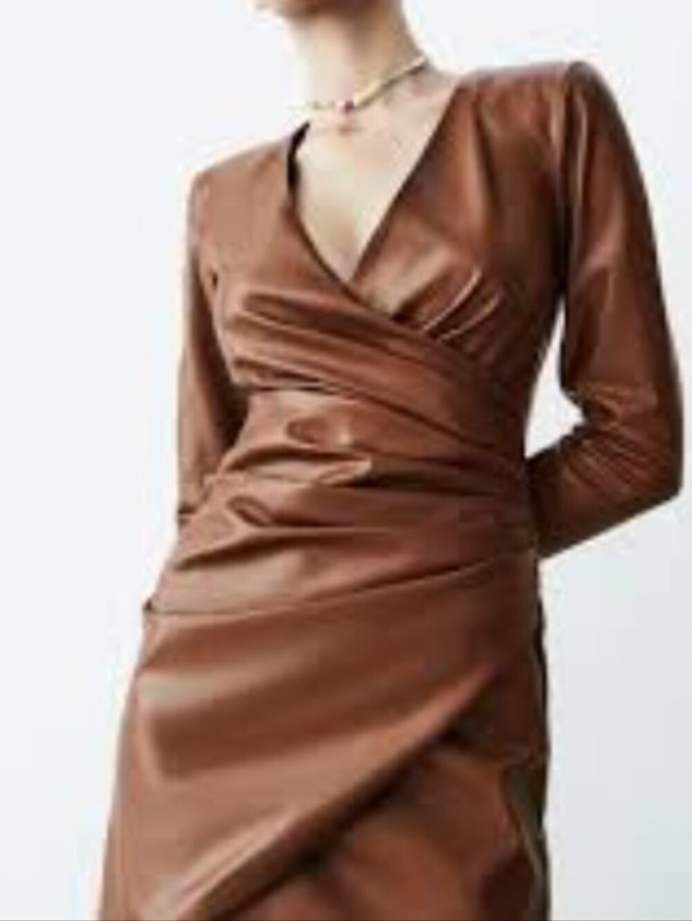 Zara Brown Faux Leather Wrap-Style Long Sleeve Dress